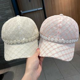 Ball Caps New Women Baseball Cap Snapback Hat Girl Casquette Bone Mesh Lace Visor Caps Female Pearl Rhinestone Cap Soft Top Sunshade Hat G230201