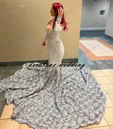 Elegant Rose Mermaid Prom Dresses For Women 2023 Long Sleeves Party Gowns Sequin Vestidos De Ocasion Formales Evening Dress