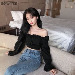 Women's Blouses Shirts Blouses Women Black Puff Sleeve Sexy Ladies Lovely Trendy Slim Cropped Top Summer Arrival Square Collar Chiffon Elegant Ins 230201