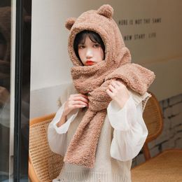 Beanies Beanie/Skull Caps Cute Bear Ear Hat Scarf Set 2023 Winter Women Novelty Warm Casual Plush Hats Solid Fleece Girl Kawaii Accessories