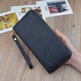 Wallets Womens and Purses PU Leather Female Wristband Leaf Print Long Purse Large Capacity Bag Y2301