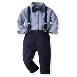 Suits Autumn Boys Gentleman Clothing Set Long Sleeve Striped Bowtie Shirt TopsSuspender Trousers Baby Kids Formal Party Suit 230131