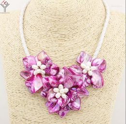 Pendant Necklaces Women Jewellery Natural White Freshwater Pearl Bright Purple 3 Flowers Shell Mother Of Necklace Leather 18"