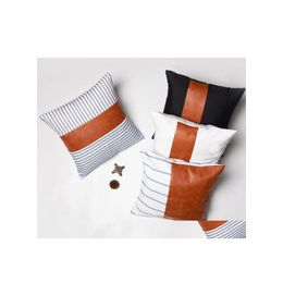 Pillow Case Fashion Stripe Pu Er 18X18Inch Soft Leather Canvaswork Pillowcase Sofa Cushion Home Decorative Drop Delivery Garden Text Dhpvz
