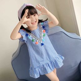 Girl's Hot New Korea Japan Dress Toddler Kids Baby Girls Lovely Birthday Clothes Blue Striped Off-shoulder Ruffles Party Gown Dresses 0131