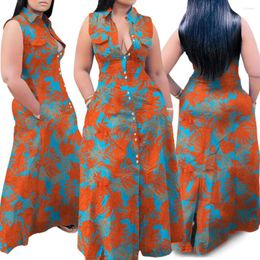 Casual Dresses Large Size 5XL Women's Map Printing Sleeveless Lapel Shirt Long Dress V-neck Big Swing Skirts Sexy Suits Slip Hem