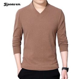 Men's T-Shirts Liseaven 6 Colors T-Shirts Brand Autumn Winter Men T-shirt Men New Casual Soft Thick Long Sleeved V-neck Tshirt Solid Color Tee Y2302