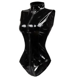 Women's Jumpsuits Rompers est Black Crotch Zipper Sleeveless Sexy Spandex Bodysuit Leather Latex Catsuit PVC Jumpsuit Women Short PU BodySuit Clubwear 230131