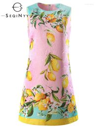 Casual Dresses SEQINYY Pink Mini Dress Summer Spring Fashion Design Women Runway High Quality Jacquard Sicily Lemon Print Slim Elegant