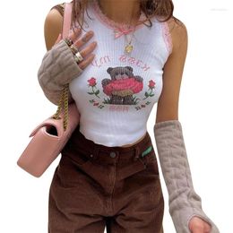 Women's Tanks Kawaii Cartoon Bear Crop Top 2000s Clothes Sweet Cute Lace Trim Y2k Aesthetic T Shirt Women Sweats Grunge Fairy Core Tee