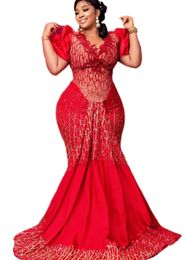Ebi Red Aso Arabic Mermaid Prom Dresses Lace Beaded Evening Formal Party Second Reception Birthday Bridesmaid Engagement Gowns Dress J440