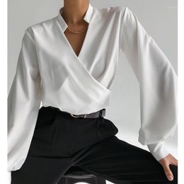 Women's Blouses White For Women Fashion 2023 Satin Shirt French High Grade V Neck Bubble Sleeve Streetwear Luxury Designer Clothes