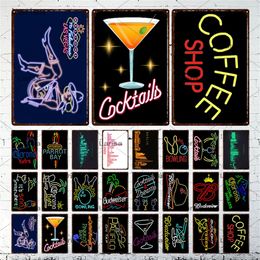 Classic Cocktail Metal Painting Coffee Shop Vintage Colorful Neon Metal Plates Cafe Pub Club Home Wall Decor Tin Signs Retro Plaque 20cmx30cm Woo