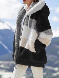 Women's Jackets Color Blocking Plush Coat Hat Hoodies Winter Warm Patchwork Pocket Hooded Loose Women Man 230131