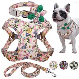 Dog Collars Flower Printed Collar Harness Leash Set Nylon Small Medium Large Dogs Vest Leashes For Chihuahua Puppy Pet