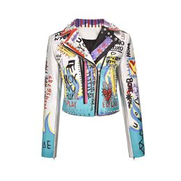 Womens Leather Faux European station locomotive short leather silver eagle graffiti printing heavy industry rivets fried street jacket wome 230131