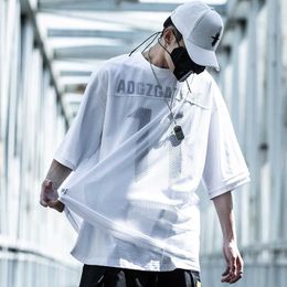 Men's T-Shirts Double Layer Hip Hop Sporty Mesh T-Shirts Techwear Men Streetwear Fake Two Pieces Tops Tees Summer Harajuku Japan Style Pullover Y2302