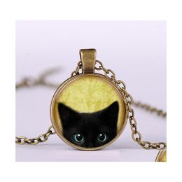 Pendant Necklaces Fashion Jewelry Vintage Time Gem Cabochon Black Cat Necklace Drop Delivery Pendants Dhwhp