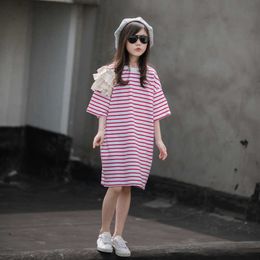 Girl's es New Teen Kids Girls Midi Cotton Children Stripe Dress Summer Lace Patchwork Clothes Causal Stretched #6946