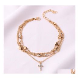 Anklets Fashion Jewellery Mti Layer Anklet Cross Pendant Heart Charms Drop Delivery Dhdnz