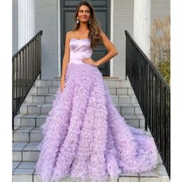 2023 A Line Strapless Lilac Ruched Long Prom Dresses Evening Formal Gala Party Gowns Robe De Soiree Vestidos