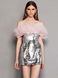 Casual Dresses Sexy Luxury Strapless Sequins Feather Off Shoulder Tight Mini Bodycon Dress Women Elegant Evening Party Night Club 2023