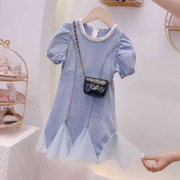 Girl's es Summer Girls Short-Sleeved Fashion Pearl Decorative Collar Children'S Fishtail Baby Girl Beaded Mesh Denim Dress 0131
