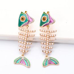 Dangle Earrings & Chandelier Minar Retro Imitation Pearls Fishbone Pendant For Women Colorful Enamel Rhinestones Fish Drop BrincosDangle