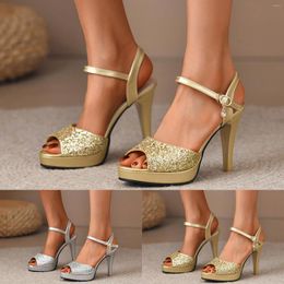 Sandals Ladies Fashion Solid Colour Sequins Leather Buckle Fish Mouth High Flat Slide Women Size 12 Sexy For Summer