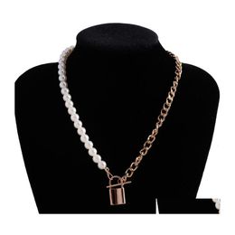 Pendant Necklaces Asymmetric Pearl Chains Chokers Lock Necklace For Women Gold Sier Color Collare Fashion Party Jewelry Drop Deliver Dhym8