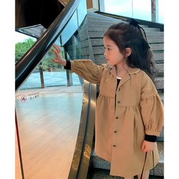 Coat Windbreaker For Girls Children's Trench 2023 Spring Autumn Turn-Down Collar Mid-Length Jacket Kids Solid Colour OuterwearCoat
