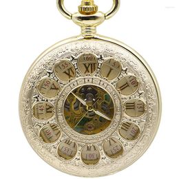 Relógios de bolso Flores de ouro full Gold Hollow Mechanical Winding Retro unissex numerais romanos requintados com cadeia FOB PJX1371