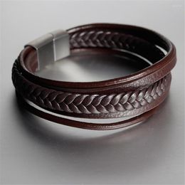 Link Bracelets Vintage Genuine Leather Braided Bracelet Handmade Multilayer Open Cuff Bangles Stainless Steel Buckle Wrist For Men