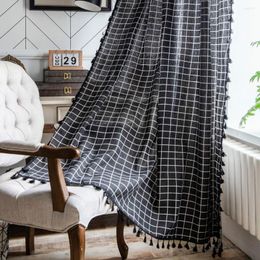 Curtain Cilected Black Plaid Print Tube Nordic Home Geometric Tassel Semi-Shade Bay Window Living Room Decor