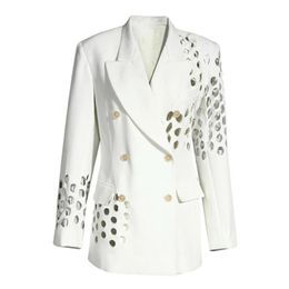 Women's Trench Coats 2023 Clothing Women White Hollow Out Double Breasted Blazer Lapel Long Sleeve Slim Jacket Casual Fashion Female