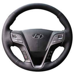 Custom Black Leather Hand Stitched Steering Wheel Cover for Hyundai ix45 Santa Fe 2013 2014 2015 2016