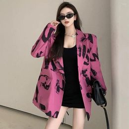 Women's Suits Blazers Women Sweet Print Loose Autumn Casual Korean Style Fashion Double Breasted Pink Suit Jacket Office Lady Classic