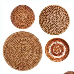 Mats Pads 1Pc Vintage Coasters Rattan Kungfu Tea Accessories Round Tableware Placemat Dish Mat Weave Cup Pad Functional Drop Deliv Dhkud