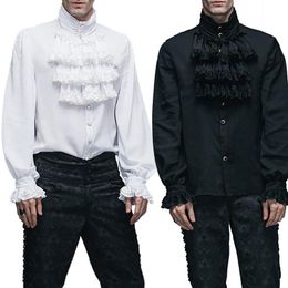 Men's Dress Shirts White Cotton & Lace Ruffles Stand Collar Lantern Sleeve Mediaeval Party Wear Vintage Shirt Men Gothic Clothes Victorian To