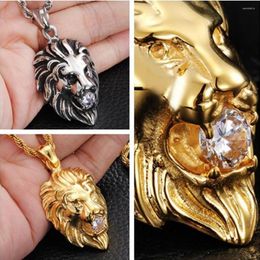 Pendant Necklaces Cool Stainless Steel Fashion Mens Boys Silver Color Gold Lion Necklace White Stone Collares Pentagrama Free Chain