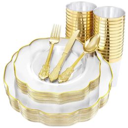 Disposable Dinnerware 60Pcs Tableware Transparent Flower Petal Shape Gold Rim Plastic Plate Cup Silverware Birthday Wedding Party Supplies 230131