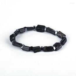 Strand Natutal Raw Rough Black Tourmaline Hexagon Hematite Bead Charms Unisex Bracelet Healing Energy Birthday Gift