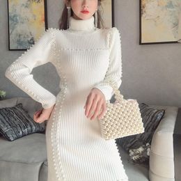 Casual Dresses Chic Knitted Dress Autumn Winter 2023 Solid Long Sleeve Sweater Elegant Warm Turtleneck Vestidos Women S257