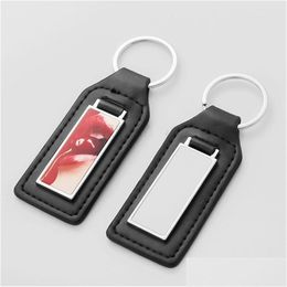 Keychains Lanyards Thermal Transter Diy Sublimation Blank Leather Square Round Oval Keychain Po Frame Keyring Sier Plated Alloy Ca Dhvx1