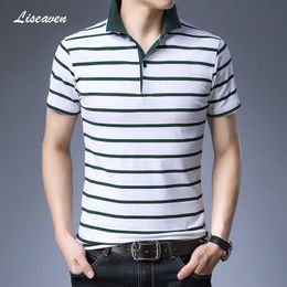 Men's T-Shirts Liseaven Men's T-Shirts Turn-down Collar Short Sleeve Striped T Shirt Man Cotton Tees Tops 2019 Y2302