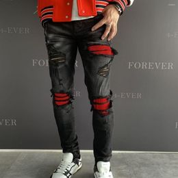 Men's Jeans Design Street Fashion Men Distressed Hole Black Slim Fit Ripped Red Flocking Patched Hip Hop Denim Pants