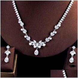 Earrings Necklace Fashion 2Pcs/Set Wed Jewellery Set Flowers Pearl Earring South American White Aaa Zirconia Woman Bridal Sets Luxur Dhksb