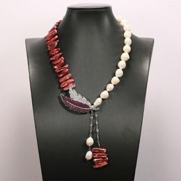 Pendant Necklaces GuaiGuai Jewellery White Baroque Pearl Brown Biwa Chain Necklace CZ Leaf Connector Handmade Women Gifts