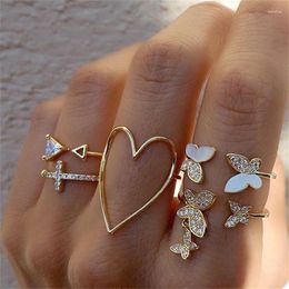 Wedding Rings Fashion Rhinestone Simulated Pearl Flower Gold Colour Thin Chain Sweet Set For Women Irregular Circle Butterfly Heart Ring