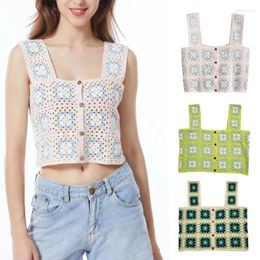 Women's Tanks Lovely Women Summer Waistcoats Sleeveless Button Down Crochet Ins Floral Knit Cardigan Tops Korean Female Outerwear